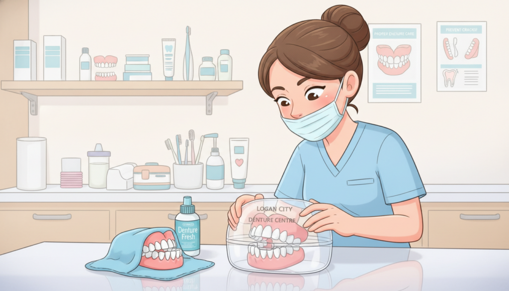 A well-organized dental workspace depicting a pair of dentures being gently placed in a protective storage case. In the foreground, a clean, white countertop displays the dentures, partially covered by a soft cloth, with a small bottle of denture cleaner nearby. The middle ground features a professional, modestly dressed dental hygienist carefully demonstrating the proper handling of the dentures, showcasing an expression of concentration and care. In the background, a well-lit dental clinic with organized shelves displaying dental supplies and informative posters about denture care, creating a reassuring atmosphere. The lighting is bright and inviting, emphasizing cleanliness and professionalism. The logo of "Logan City Denture Centre" is subtly integrated into the storage case, reinforcing the focus on proper storage techniques to prevent cracks or breakage. A well-organized dental workspace depicting a pair of dentures being gently placed in a protective storage case. In the foreground, a clean, white countertop displays the dentures, partially covered by a soft cloth, with a small bottle of denture cleaner nearby. The middle ground features a professional, modestly dressed dental hygienist carefully demonstrating the proper handling of the dentures, showcasing an expression of concentration and care. In the background, a well-lit dental clinic with organized shelves displaying dental supplies and informative posters about denture care, creating a reassuring atmosphere. The lighting is bright and inviting, emphasizing cleanliness and professionalism. The logo of "Logan City Denture Centre" is subtly integrated into the storage case, reinforcing the focus on proper storage techniques to prevent cracks or breakage.