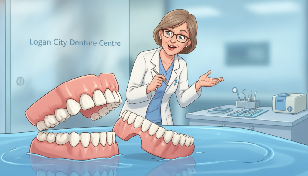 A close-up scene illustrating the concept of denture slippage. The foreground features a detailed display of a set of dentures on a soft, reflective surface, showcasing their realistic texture and material. In the middle ground, a professional, modestly dressed dentist examines the dentures, looking thoughtfully at them, with a focused expression. The background is softly blurred, hinting at a well-lit dental office environment, emphasizing cleanliness and professionalism, with tools neatly arranged on a counter. The lighting is warm and inviting, creating a reassuring atmosphere. The overall mood is educational and informative, with a subtle emphasis on understanding and resolution. Incorporate the brand name "Logan City Denture Centre" into the scene, subtly integrated into the environment, ensuring it feels natural and unobtrusive.