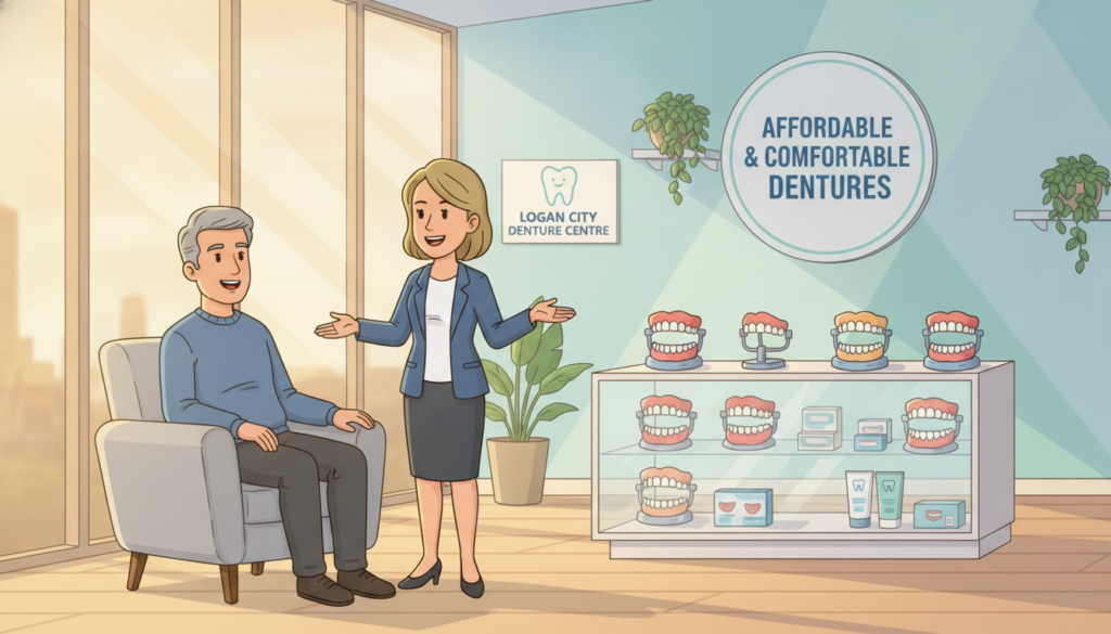A modern and inviting denture clinic interior at Logan City Denture Centre, showcasing a welcoming reception area with warm, natural lighting filtering through large windows. In the foreground, a friendly receptionist in professional business attire smiles warmly at a patient seated in a comfortable chair, engaged in conversation. The middle ground features a display of high-quality dentures and dental care products organized neatly, emphasizing affordability and comfort. The background includes soothing décor with soft pastel colors and plants, creating a relaxed atmosphere. The angle is a slightly elevated shot, capturing both the reception area and the dental display, evoking feelings of trust, comfort, and professionalism in dental care.